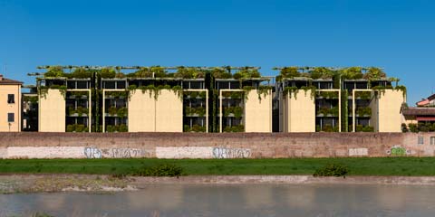 Santa Teresa: progetto di lotto urbano a Parma - vista prospetti su torrente Parma